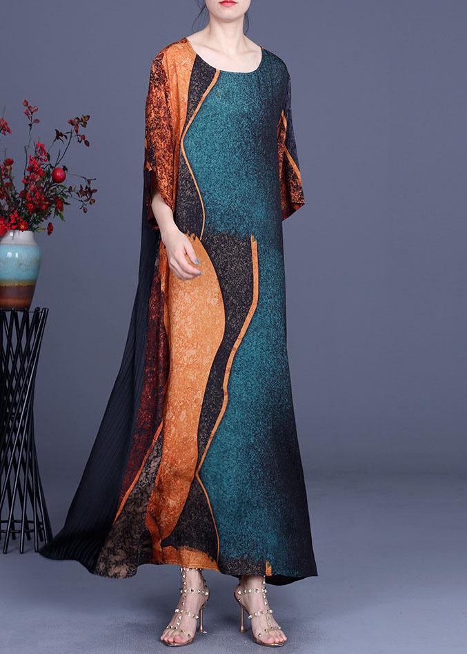 Elegant Green Print Patchwork Half Sleeve Silk Dress Summer - Omychic