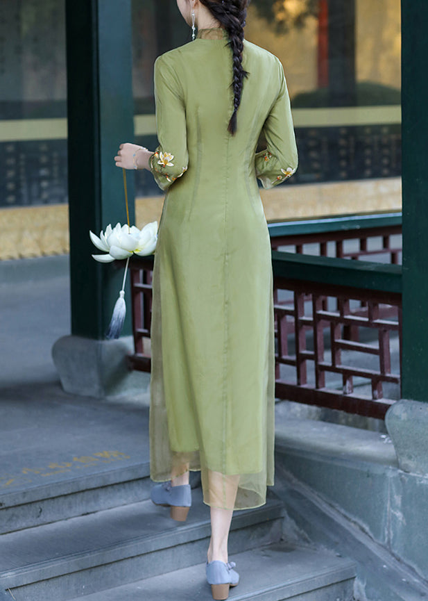 Elegant Green Stand Collar Embroideried Button Tulle Silk Dress Long Sleeve