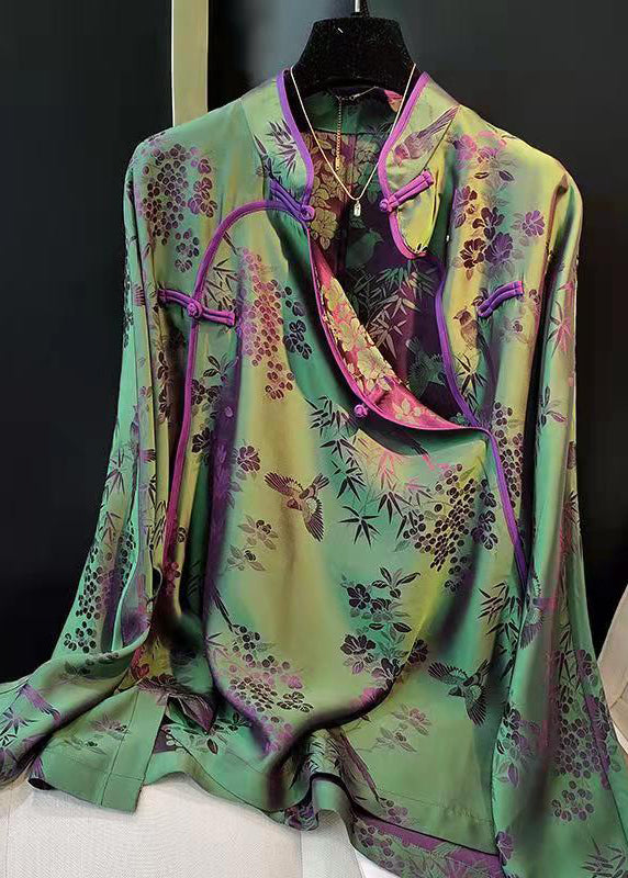 Elegant Green-Print4 Stand Collar Patchwork Jacquard side open Silk Shirts Long Sleeved