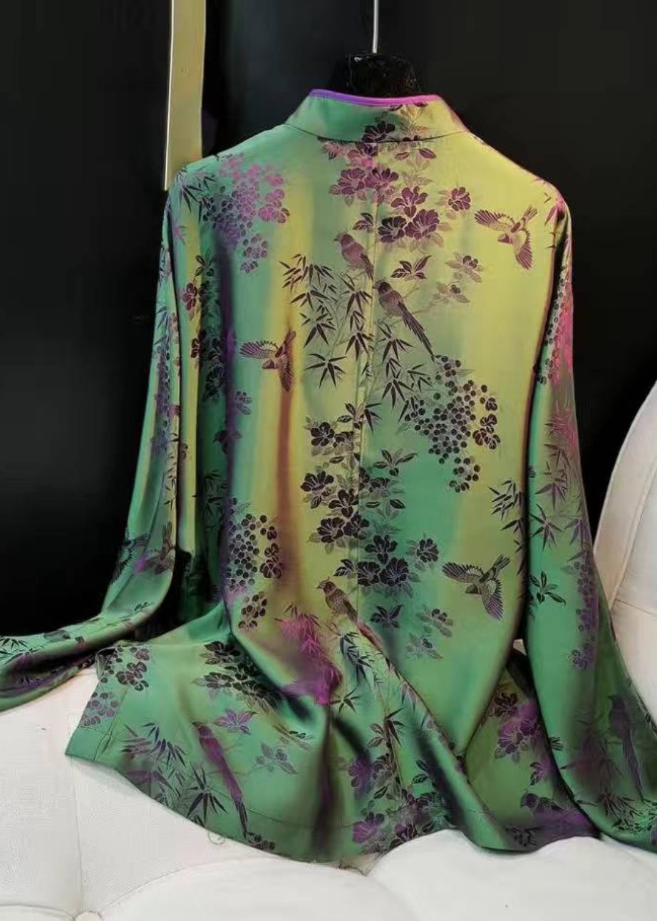 Elegant Green-Print5 Stand Collar Patchwork Jacquard side open Silk Shirts Long Sleeved