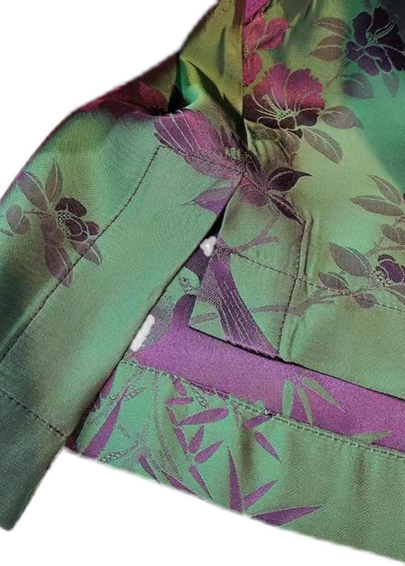 Elegant Green-Print2 Stand Collar Patchwork Jacquard side open Silk Shirts Long Sleeved