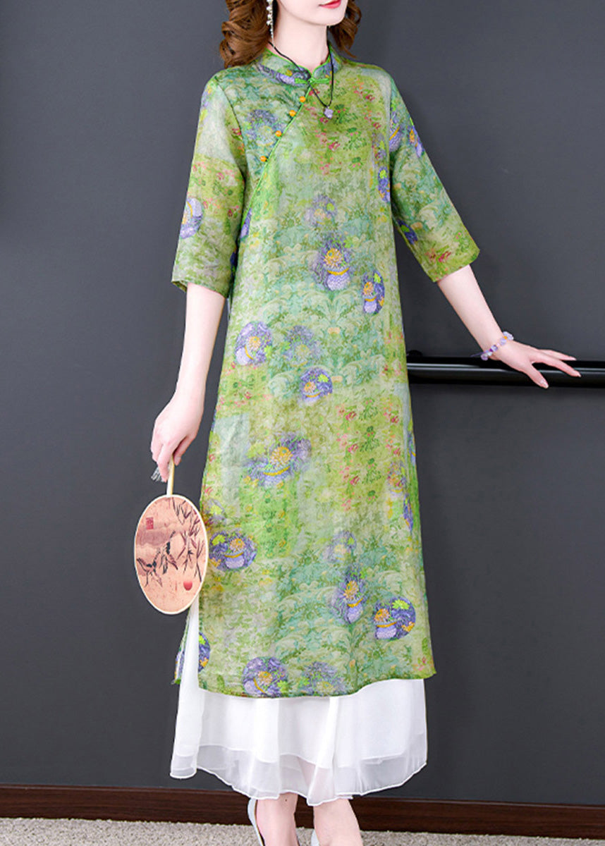 Elegant Green Stand Collar Print Side Open Button Silk Long Dresses Summer