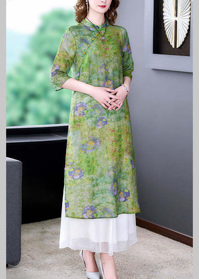 Elegant Green Stand Collar Print Side Open Button Silk Long Dresses Summer