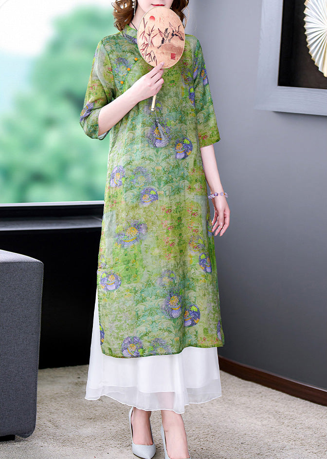 Elegant Green Stand Collar Print Side Open Button Silk Long Dresses Summer