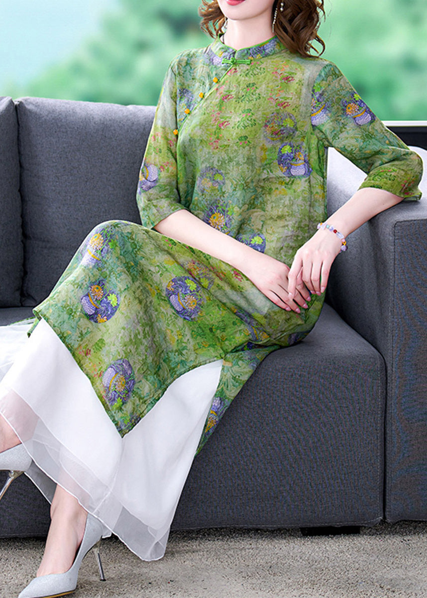 Elegant Green Stand Collar Print Side Open Button Silk Long Dresses Summer