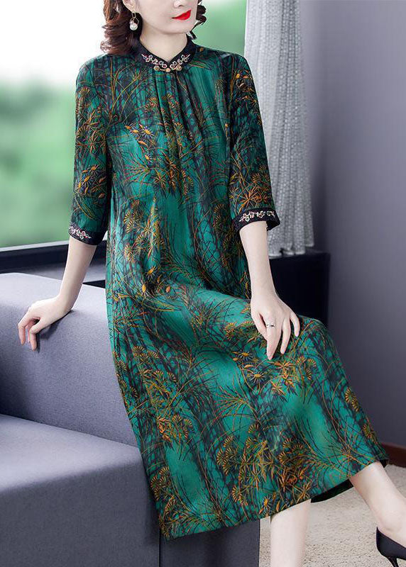 Elegant Green Stand Collar Print Silk Dress Half Sleeve
