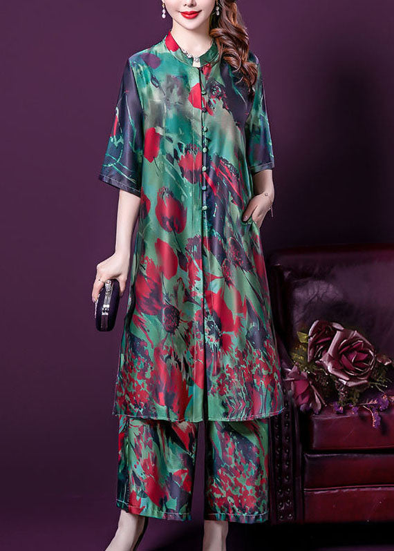 Elegant Green Stand Collar Print Tops And Pants Silk Two Pieces Set Summer