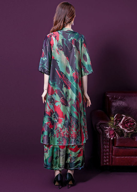 Elegant Green Stand Collar Print Tops And Pants Silk Two Pieces Set Summer