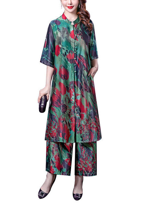 Elegant Green Stand Collar Print Tops And Pants Silk Two Pieces Set Summer