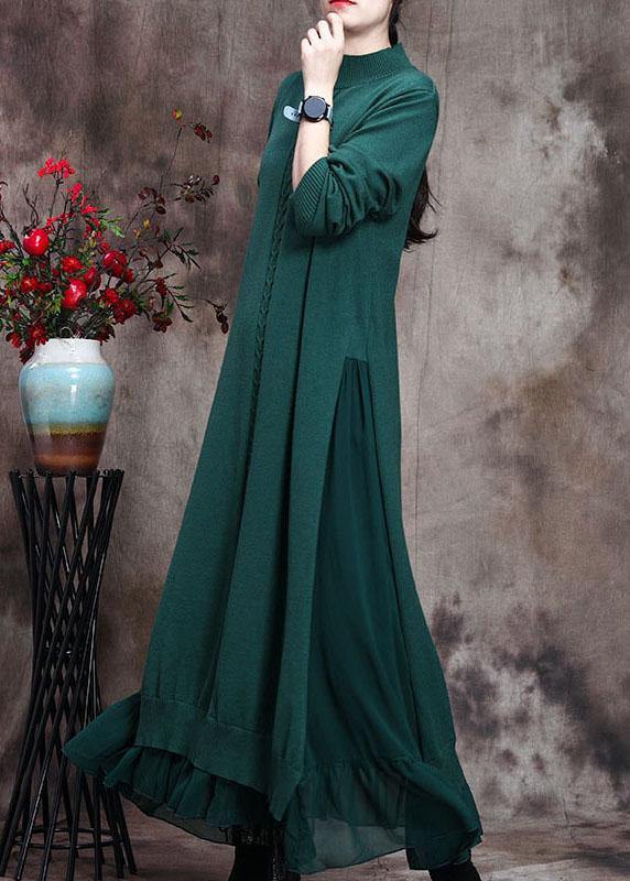 Elegant Green Stand Collar asymmetrical design Fall Knit Sweater Dress - Omychic