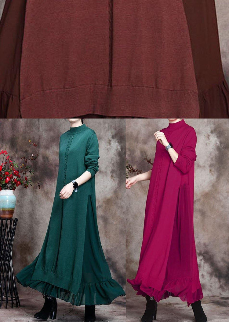 Elegant Green Stand Collar asymmetrical design Fall Knit Sweater Dress - Omychic