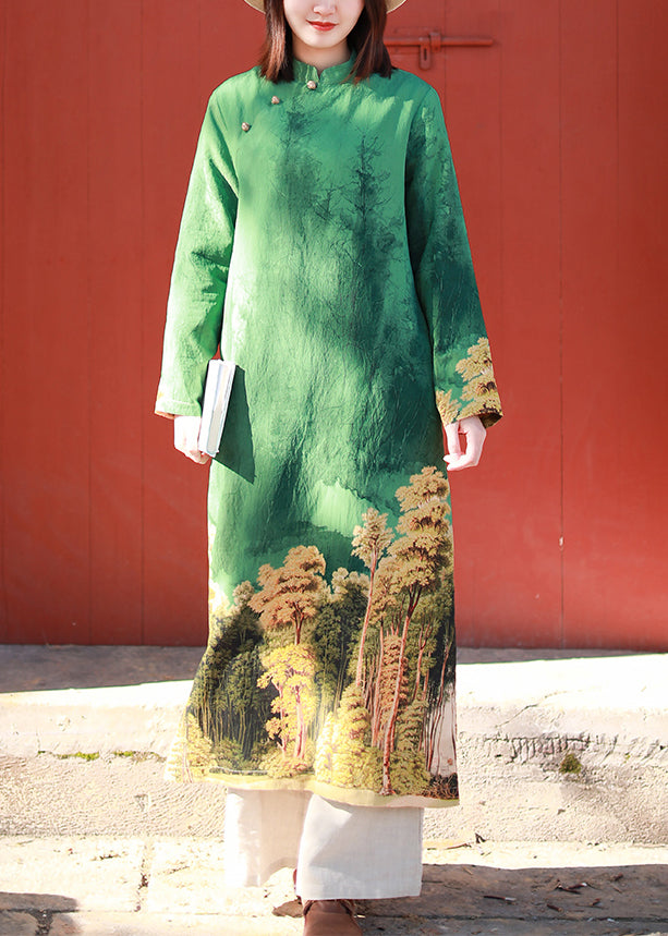 Elegant Green Stand Collar side open Print Dresses Long Sleeve