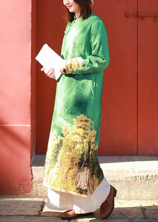 Elegant Green Stand Collar side open Print Dresses Long Sleeve