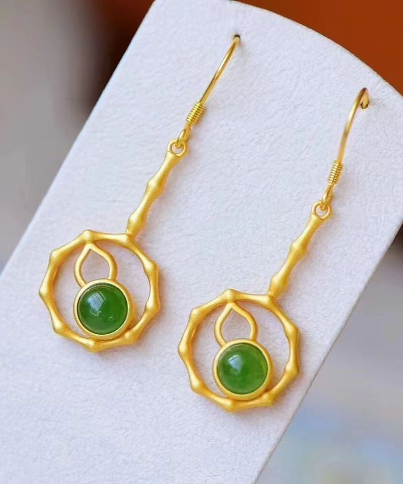 Elegant Green Sterling Silver Overgild Jade Gourd Drop Earrings
