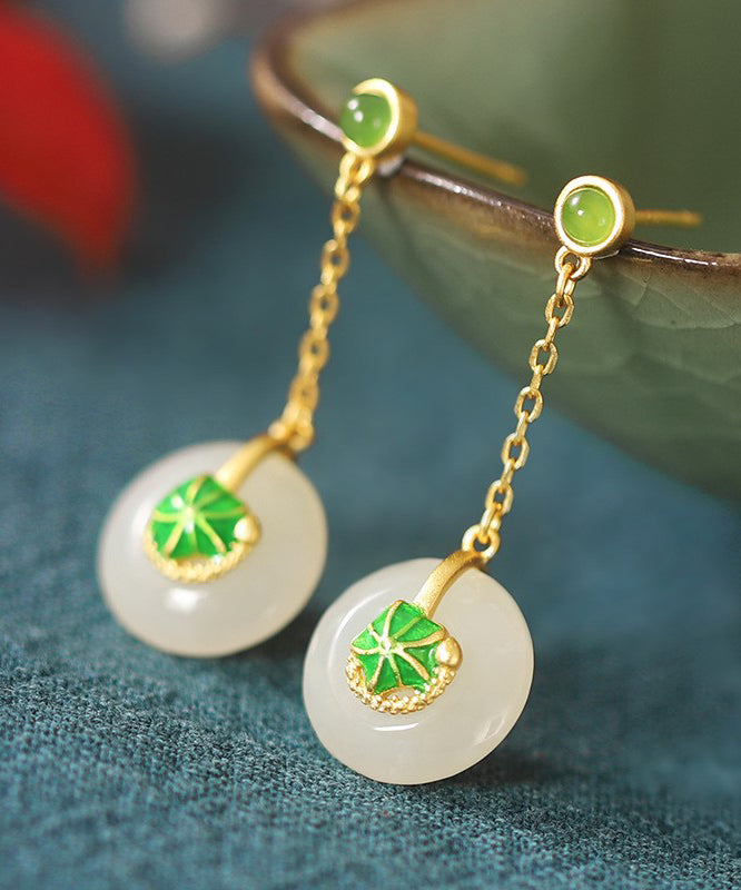 Elegant Green Sterling Silver Overgild Jade Lotus Drop Earrings