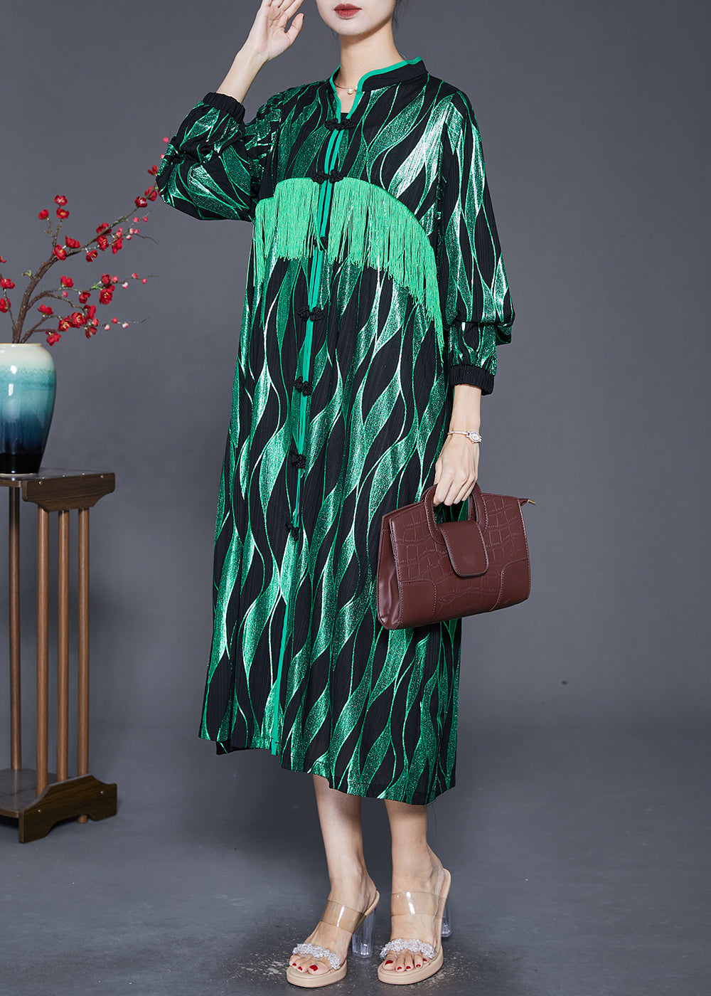 Elegant Green Striped Tasseled Chinese Button Silk Maxi Dresses Fall