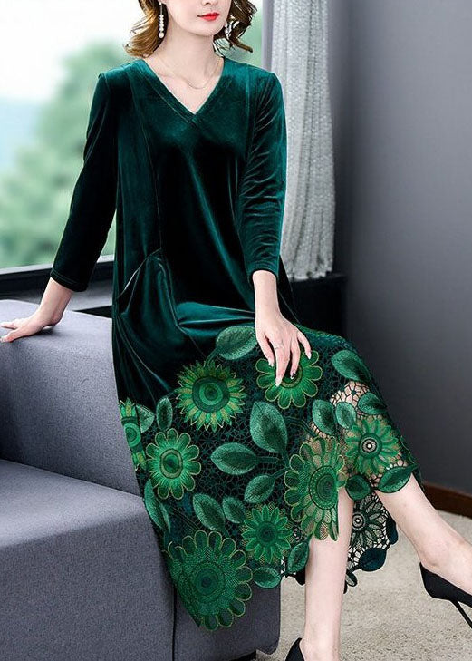 Elegant Green V Neck Embroideried Patchwork Silk Velour Dresses Spring
