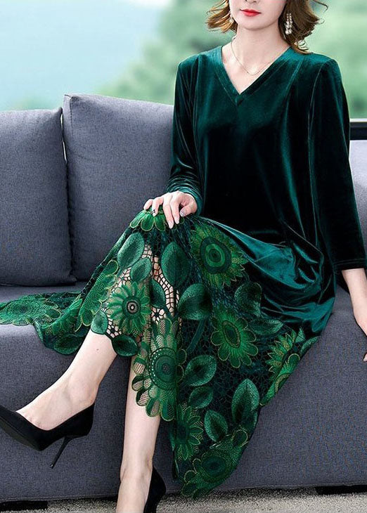 Elegant Green V Neck Embroideried Patchwork Silk Velour Dresses Spring