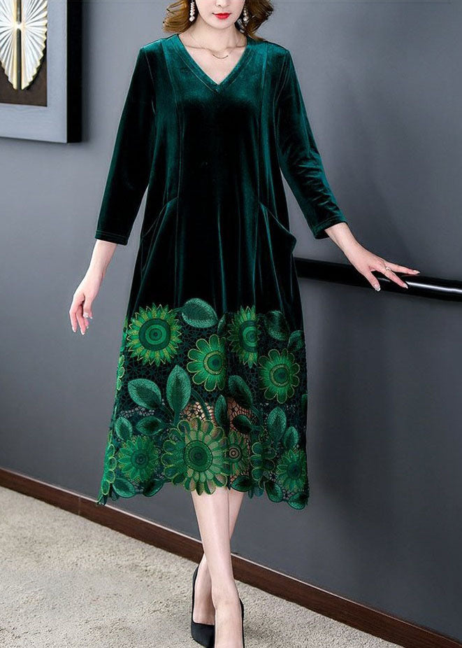 Elegant Green V Neck Embroideried Patchwork Silk Velour Dresses Spring