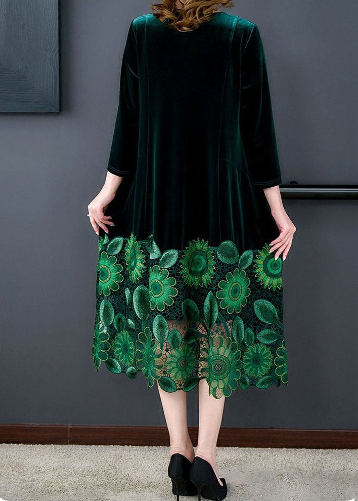 Elegant Green V Neck Embroideried Patchwork Silk Velour Dresses Spring