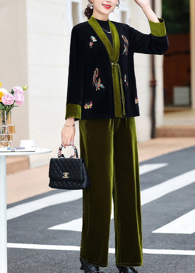 Elegant Green V Neck Embroideried Silk Velour Coats And Pants Two Piece Set Fall