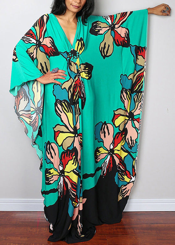 Elegant Green V Neck Print Beach Long Dresses Batwing Sleeve