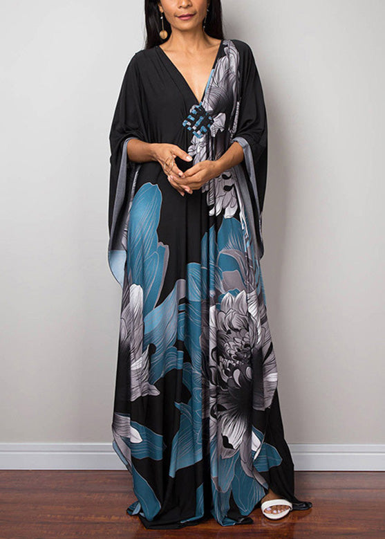 Elegant Green V Neck Print Beach Long Dresses Batwing Sleeve