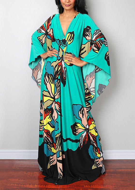 Elegant Green V Neck Print Beach Long Dresses Batwing Sleeve