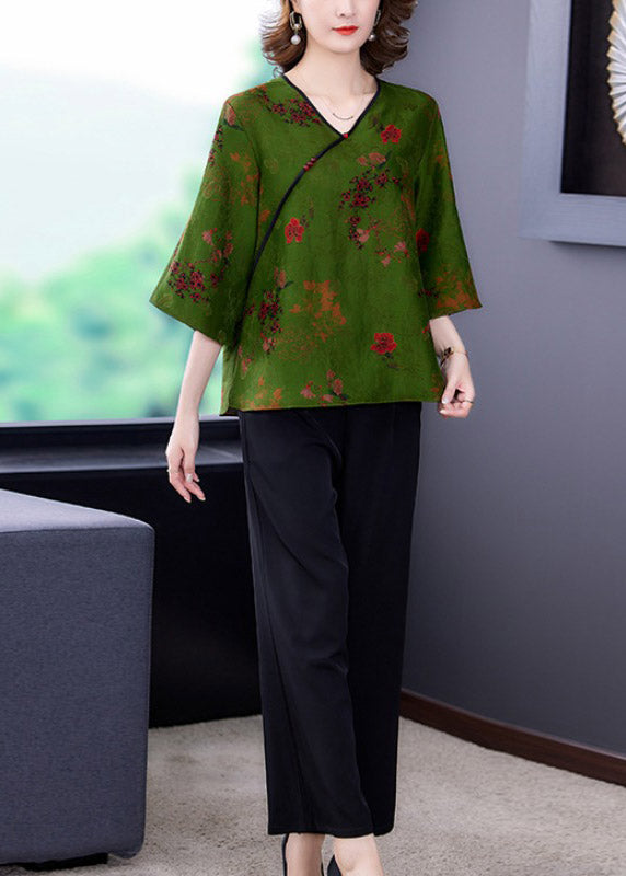Elegant Green V Neck Print Silk Top And Wide Leg Pants Two Piece Set Summer