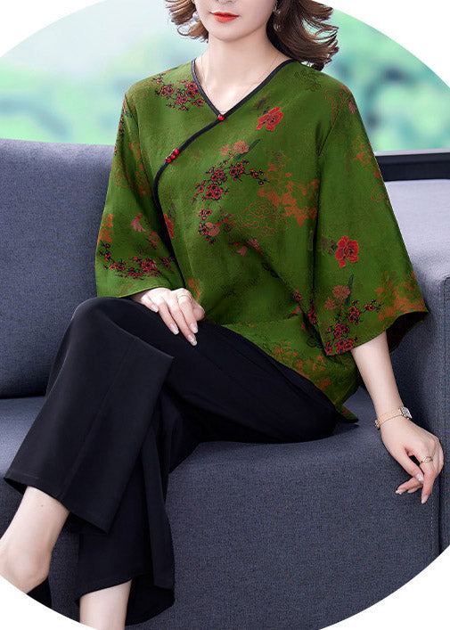 Elegant Green V Neck Print Silk Top And Wide Leg Pants Two Piece Set Summer