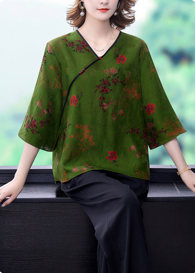 Elegant Green V Neck Print Silk Top And Wide Leg Pants Two Piece Set Summer