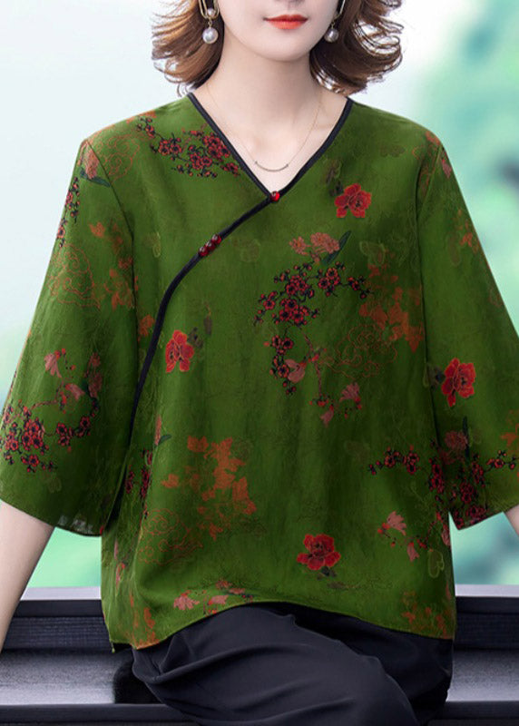 Elegant Green V Neck Print Silk Top And Wide Leg Pants Two Piece Set Summer