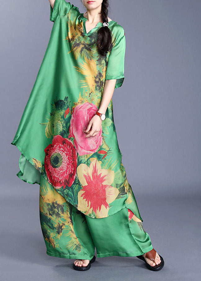 Elegant Green V Neck Print Silk Two-Piece Set Short Sleeve