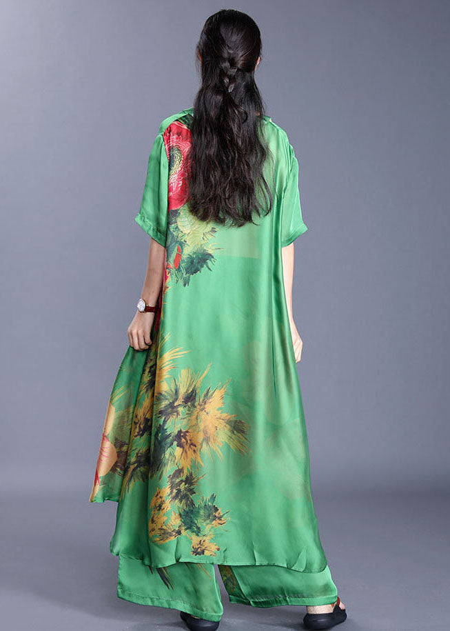 Elegant Green V Neck Print Silk Two-Piece Set Short Sleeve