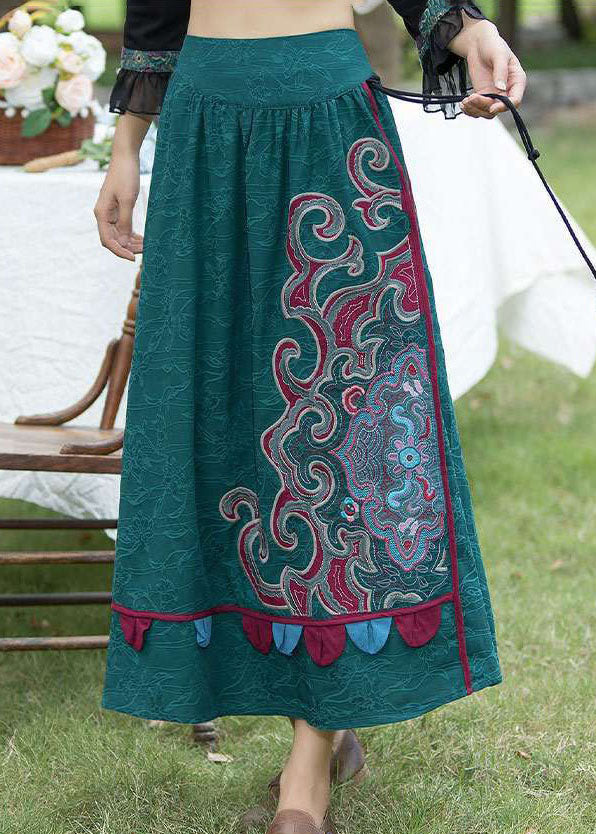Elegant Green Wrinkled Embroideried Patchwork Linen Skirts Spring