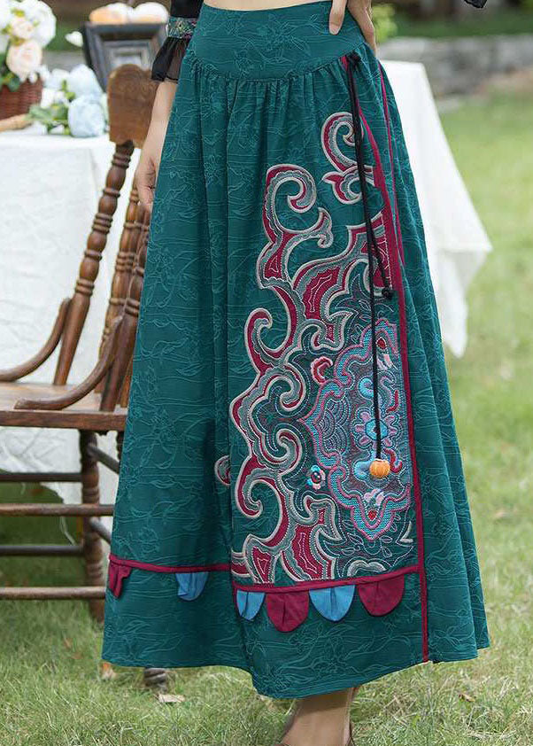 Elegant Green Wrinkled Embroideried Patchwork Linen Skirts Spring