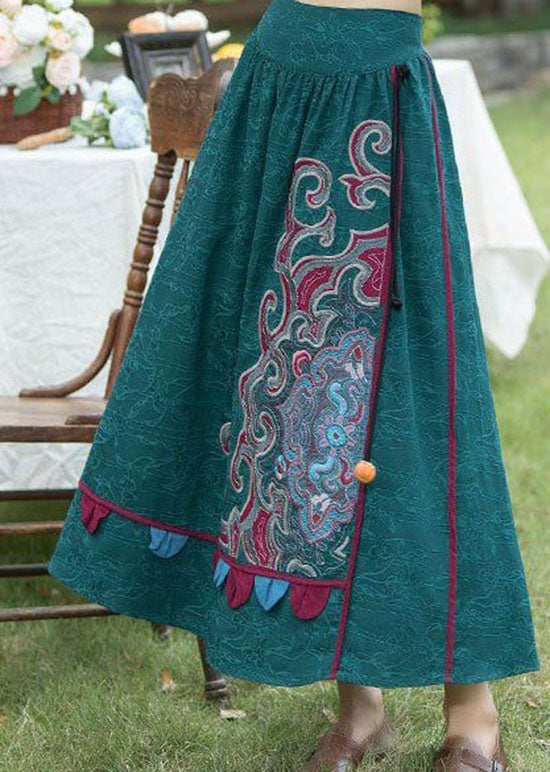 Elegant Green Wrinkled Embroideried Patchwork Linen Skirts Spring