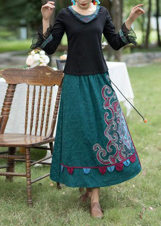 Elegant Green Wrinkled Embroideried Patchwork Linen Skirts Spring