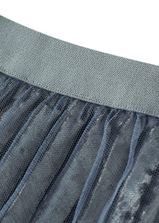 Elegant Grey Blue Elastic Waist Silk Velour Skirts Spring