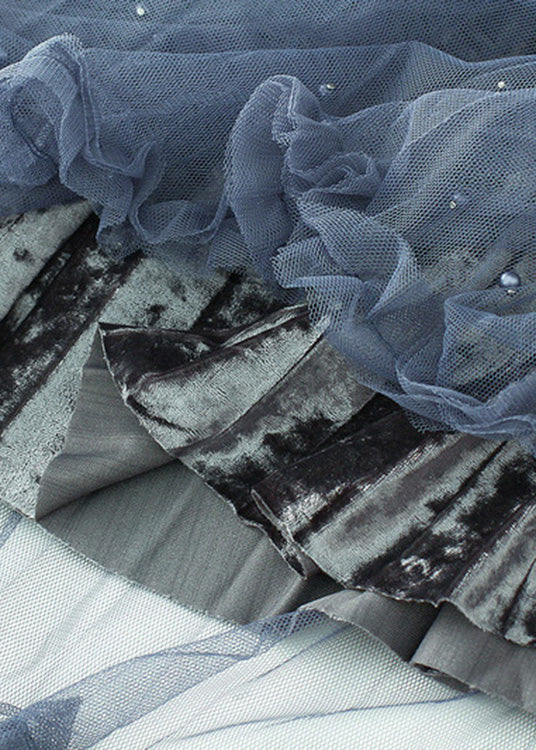 Elegant Grey Blue Elastic Waist Silk Velour Skirts Spring