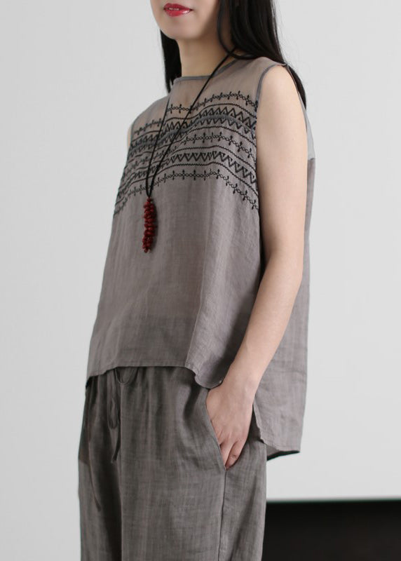 Elegant Grey Embroideried Hollow Out Tulle Patchwork Linen Two Piece Suit Set Sleeveless