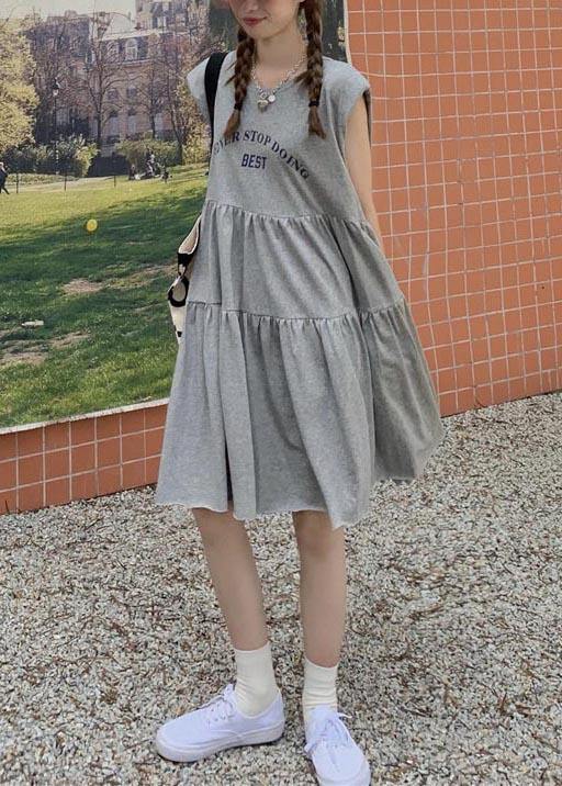 Elegant Grey Graphic Sleeveless Summer Cotton Dress - Omychic