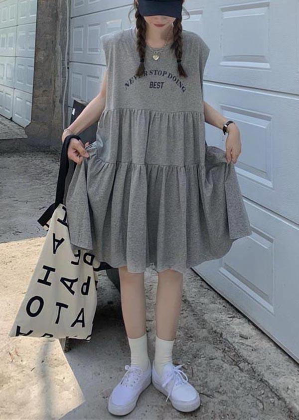 Elegant Grey Graphic Sleeveless Summer Cotton Dress - Omychic