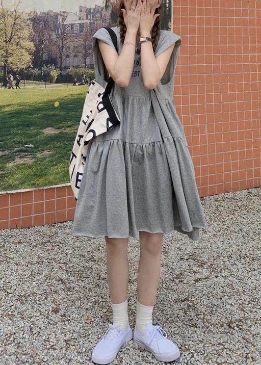 Elegant Grey Graphic Sleeveless Summer Cotton Dress - Omychic