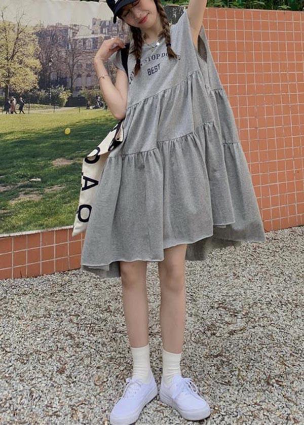 Elegant Grey Graphic Sleeveless Summer Cotton Dress - Omychic