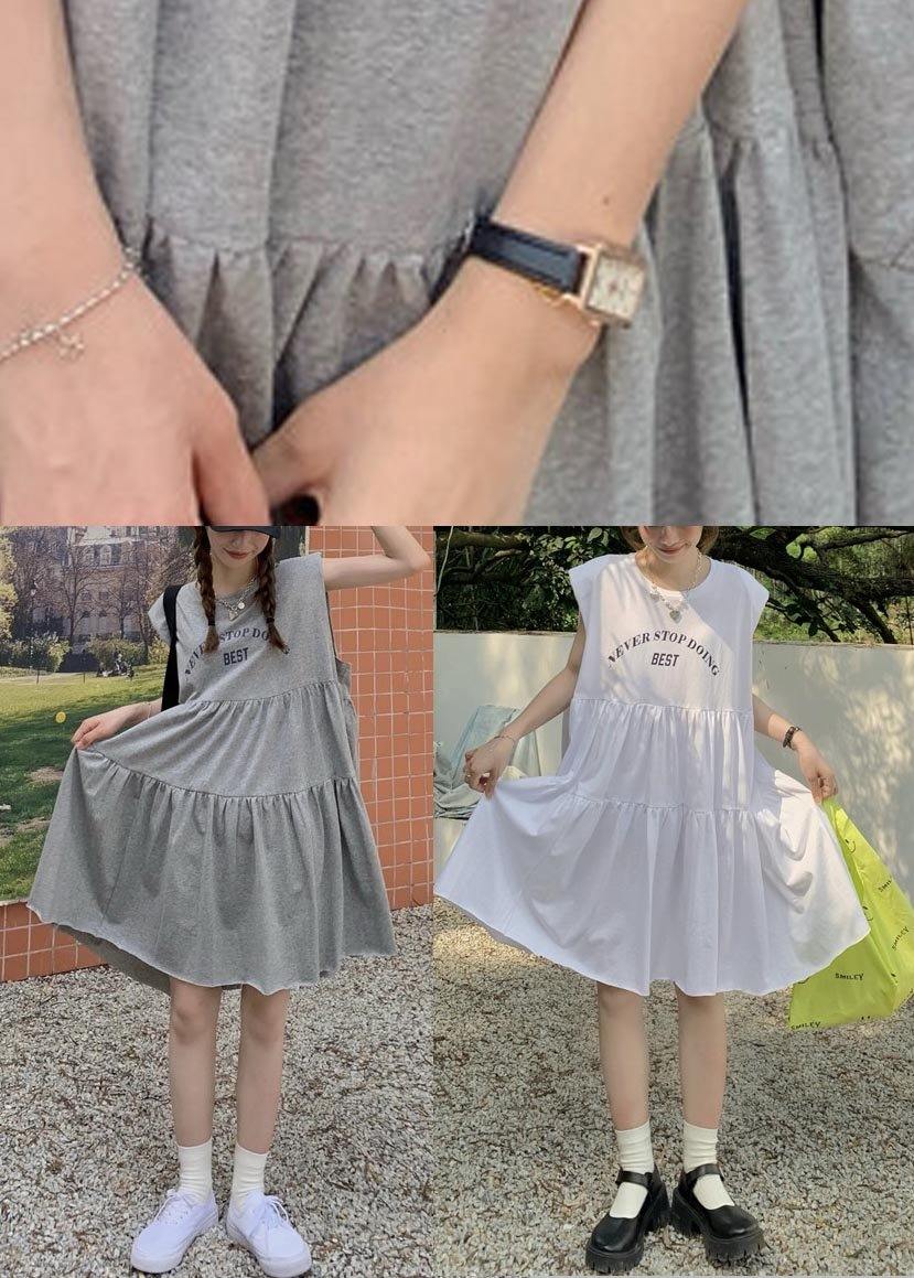 Elegant Grey Graphic Sleeveless Summer Cotton Dress - Omychic