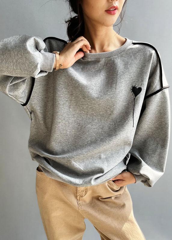 Elegant Grey Loose Embroideried Patchwork Fall Sweatshirt Street Wear - Omychic
