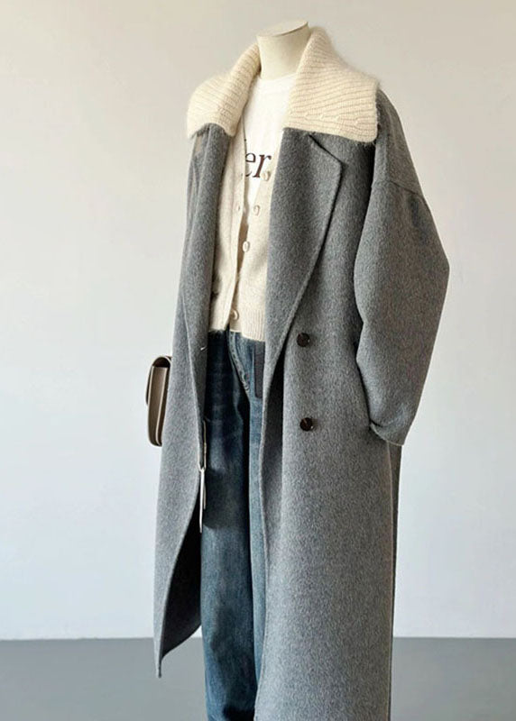 Elegant Grey Peter Pan Collar Pockets Knit Patchwork Woolen Long Coats Long Sleeve