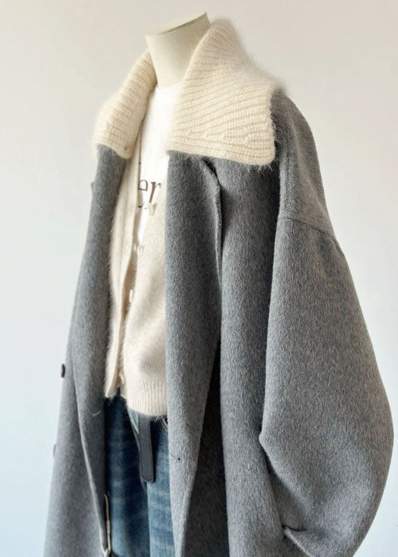 Elegant Grey Peter Pan Collar Pockets Knit Patchwork Woolen Long Coats Long Sleeve