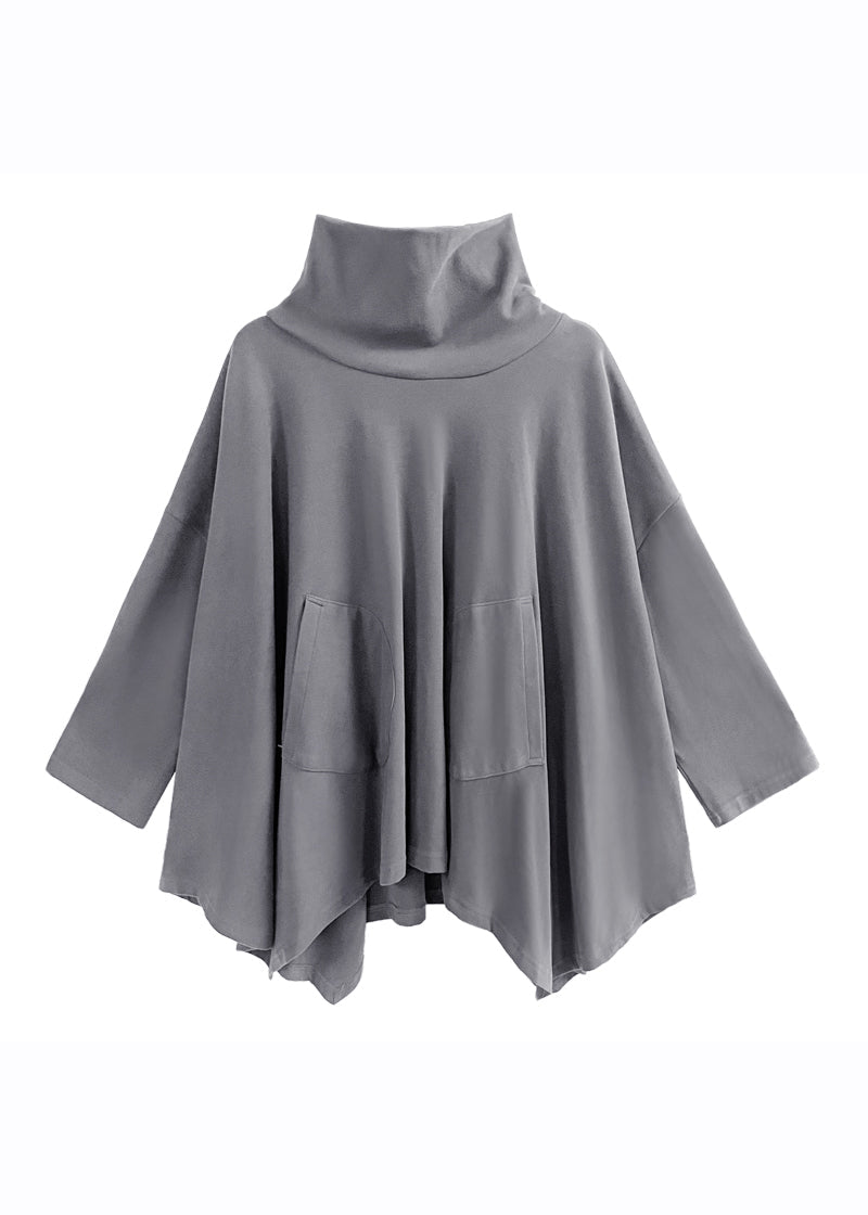 Elegant Grey Turtleneck Asymmetrical Sweatshirts Top Fall